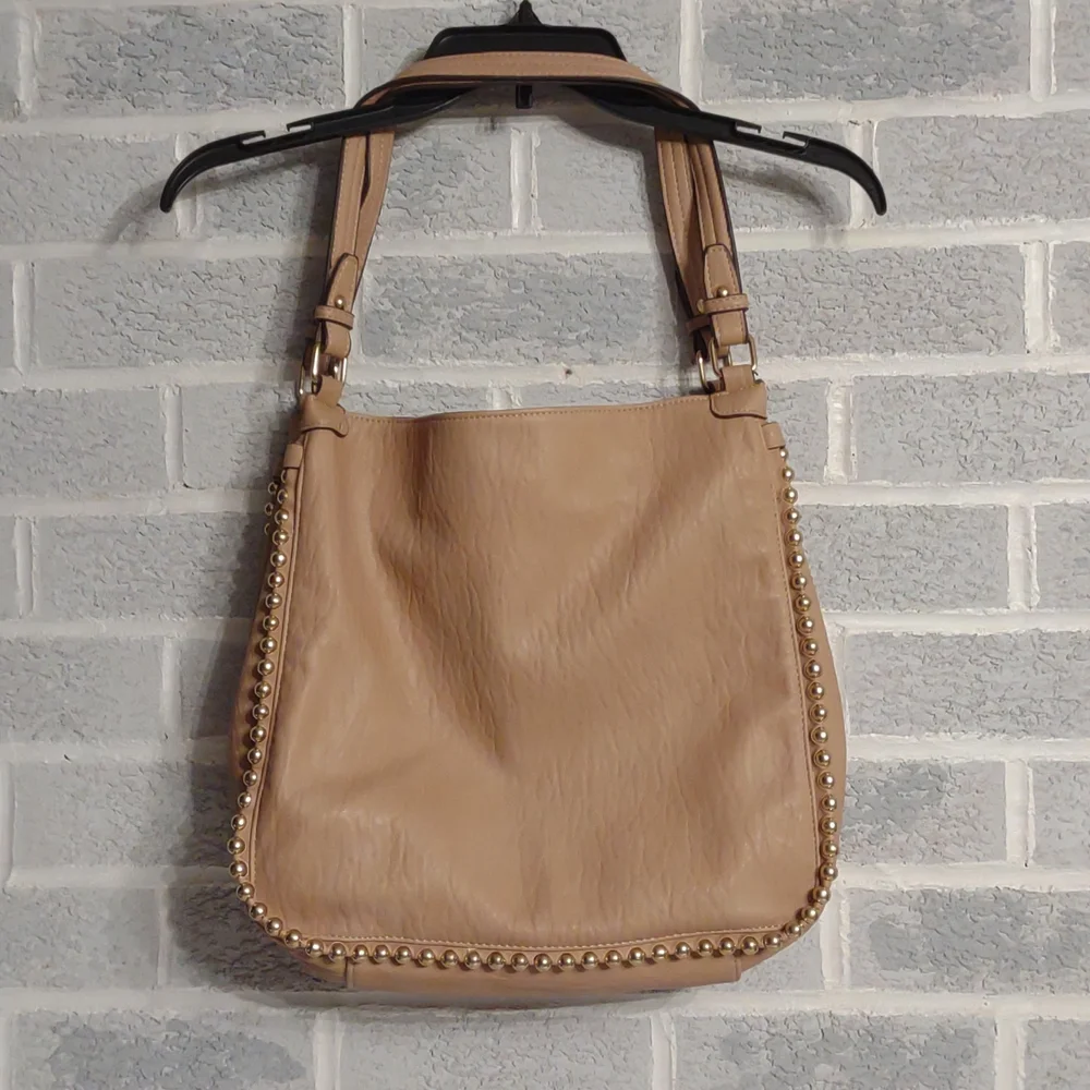 Jessica Simpson Women's Cream Faux Leather Camille Hobo Bag Tote with Gold Beads